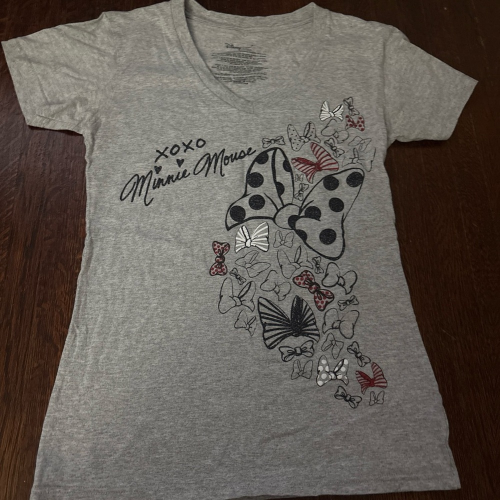 DISNEY Minnie Mouse Glitter Women’s Grey Fitted T-shirt Size Small